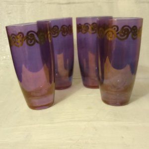 Rare Krosno Poland mid-century two-tone purple tumblers with gold wave decoratio